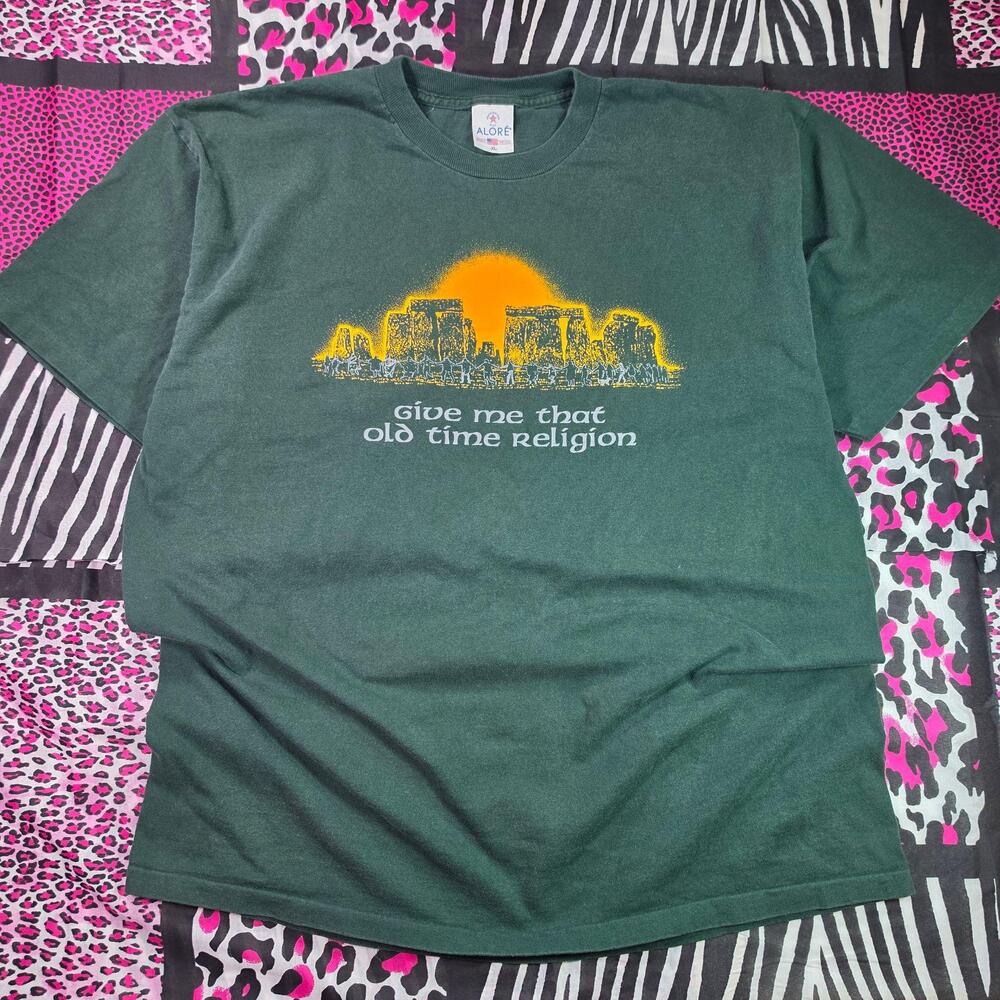 90s Stonehenge Give Me That Old Time Religion Shirt Mens XL Green Graphic Tee